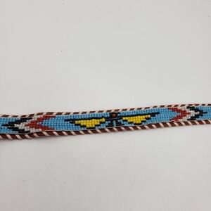 Vintage Handmade women US 26 brown belt multi bead tooled leather Native America